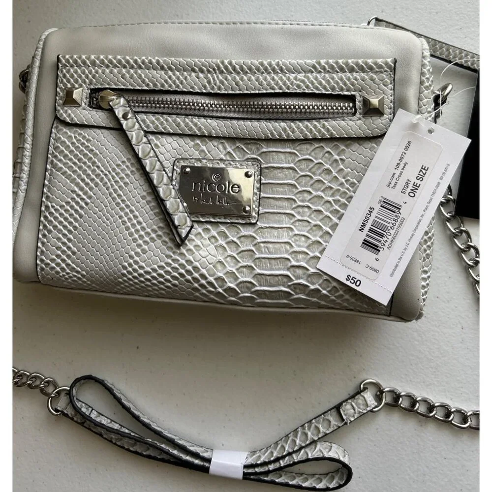 Nicole Miller Faux Snakeskin “Tess” Gray Crossbody Bag With Chain Strap